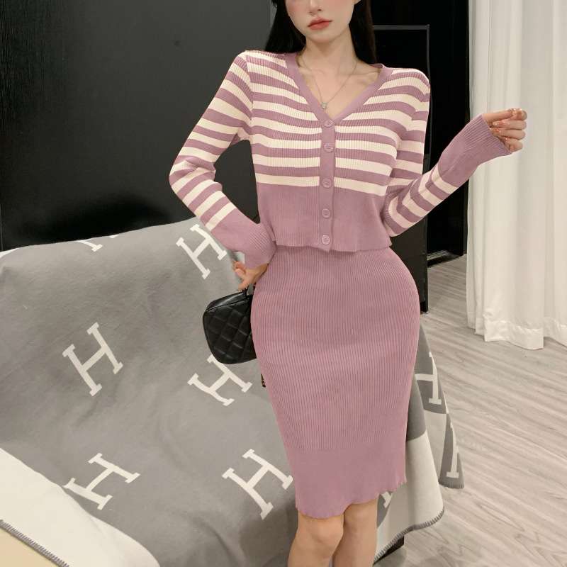 ボーダー柄カーディガン&タイトミニワンピースセット　リブ素材