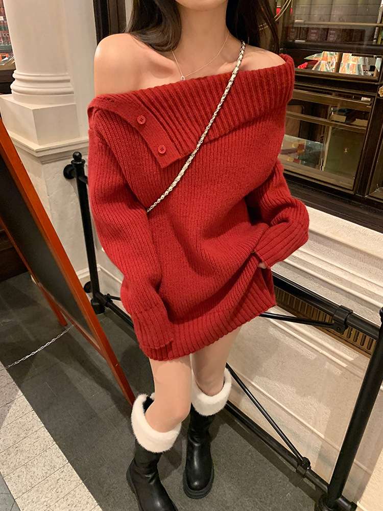 オフショルダー ニットミニワンピース