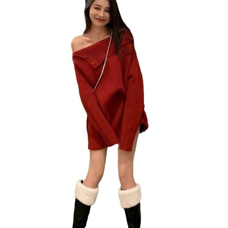 オフショルダー ニットミニワンピース