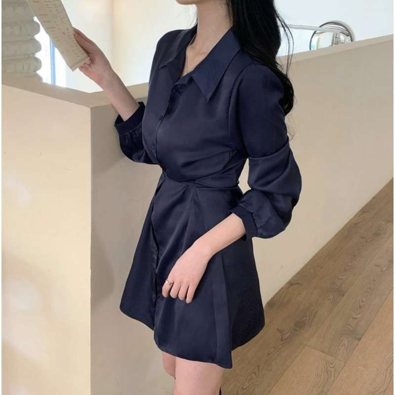 ゆったりシルエット ウエストマークシャツミニワンピース