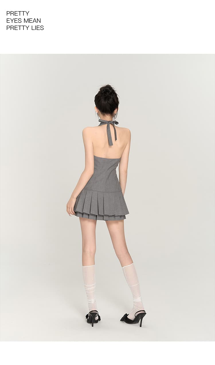 ホルターネックプリーツ フレアミニワンピース