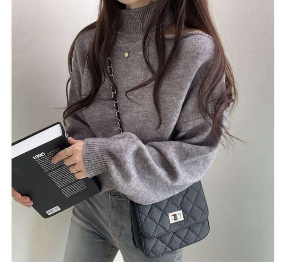 【秋冬】ミニワンピース オフショルダー風ニットワンピース