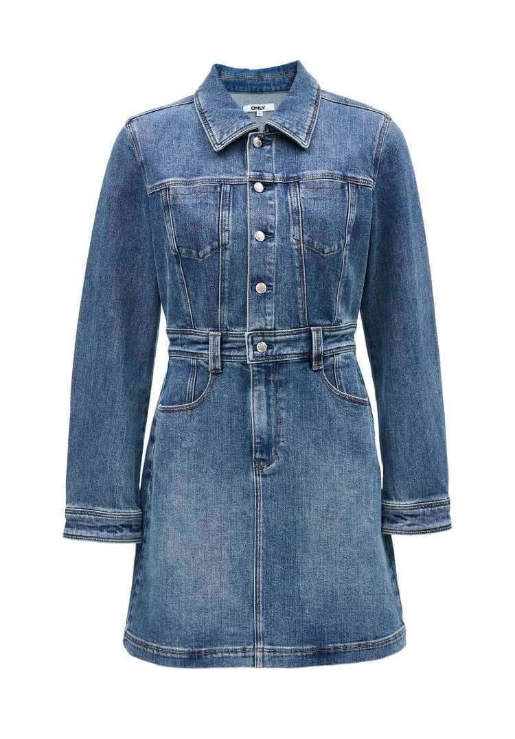 ミニワンピース 長袖デニムワンピ ブラウン ライトブルーカラー