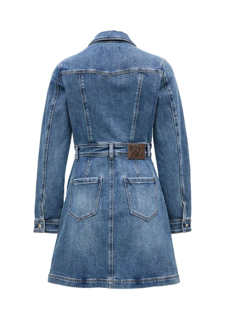 ミニワンピース 長袖デニムワンピ ブラウン ライトブルーカラー