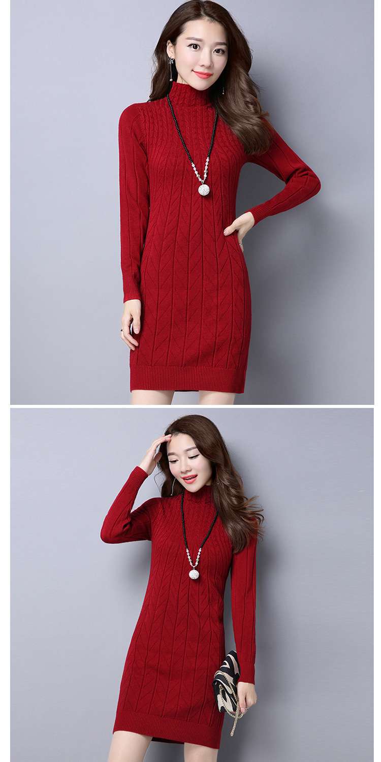 タートルネックリブ編みニットミニワンピース