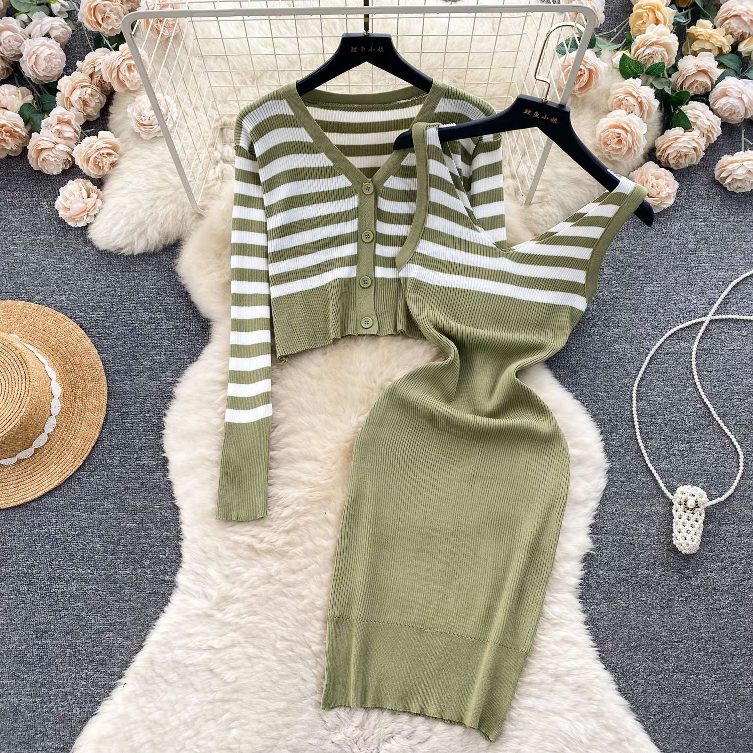 ボーダー柄カーディガン&タイトミニワンピースセット　リブ素材