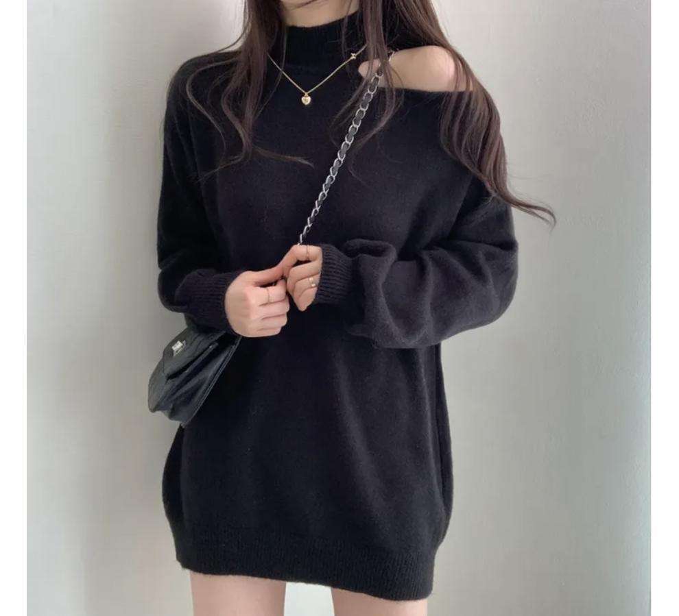 【秋冬】ミニワンピース オフショルダー風ニットワンピース
