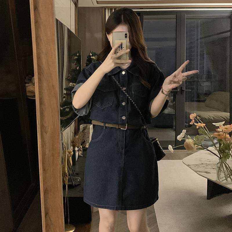 ミニワンピース 半袖デニムワンピ シンプルカジュアル