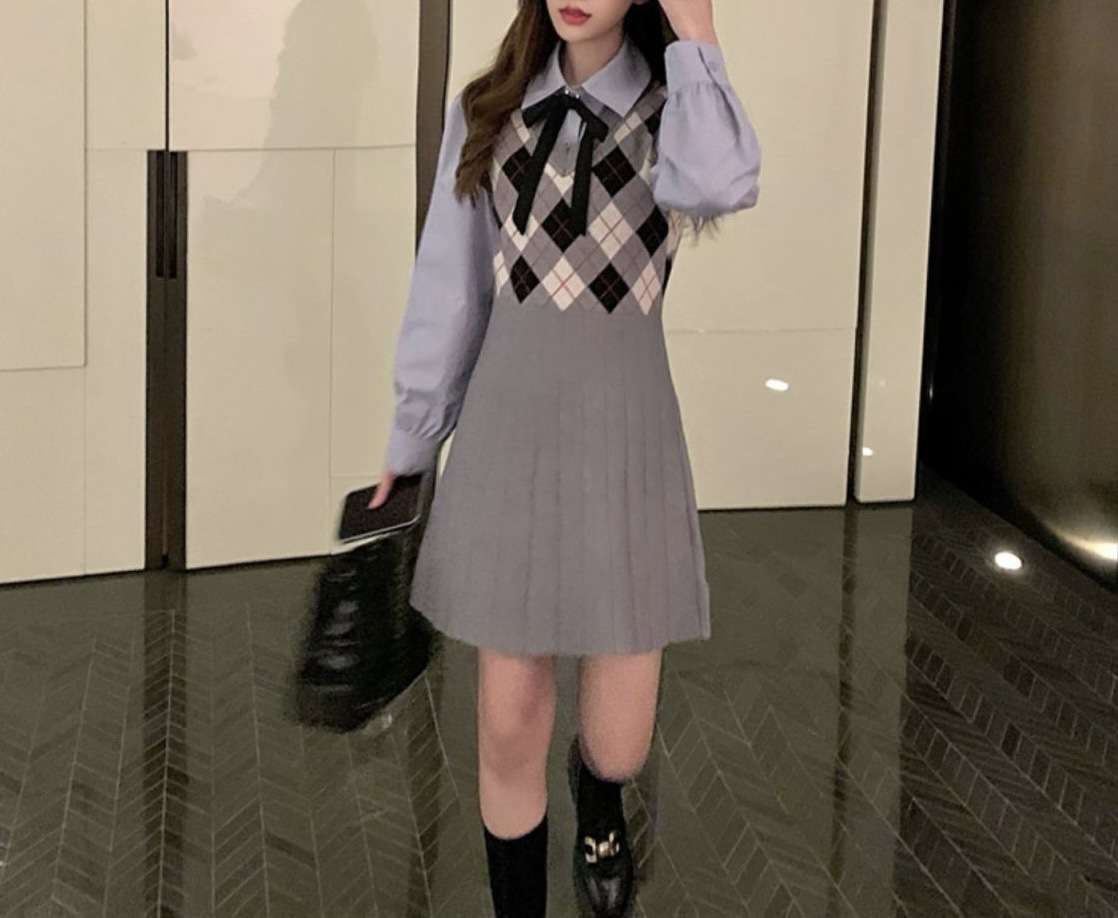 チェック柄ベスト付きシャツミニワンピース