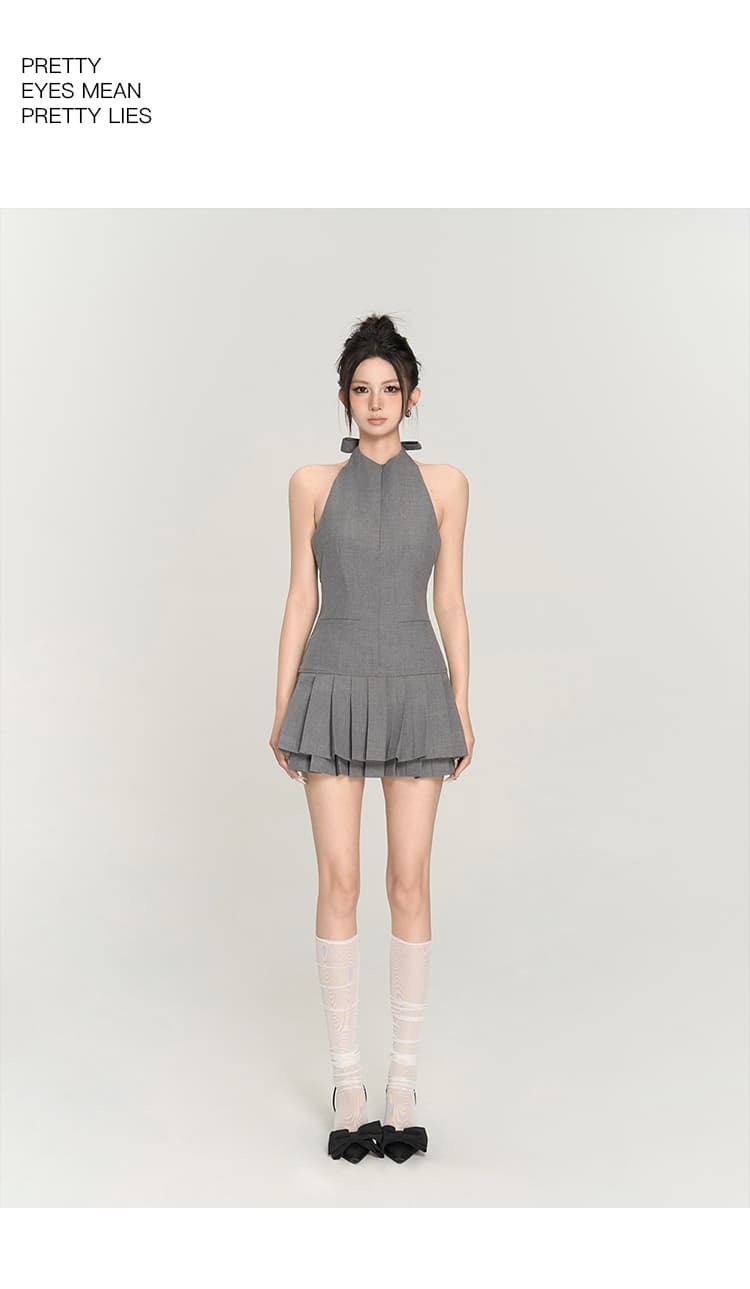 ホルターネックプリーツ フレアミニワンピース