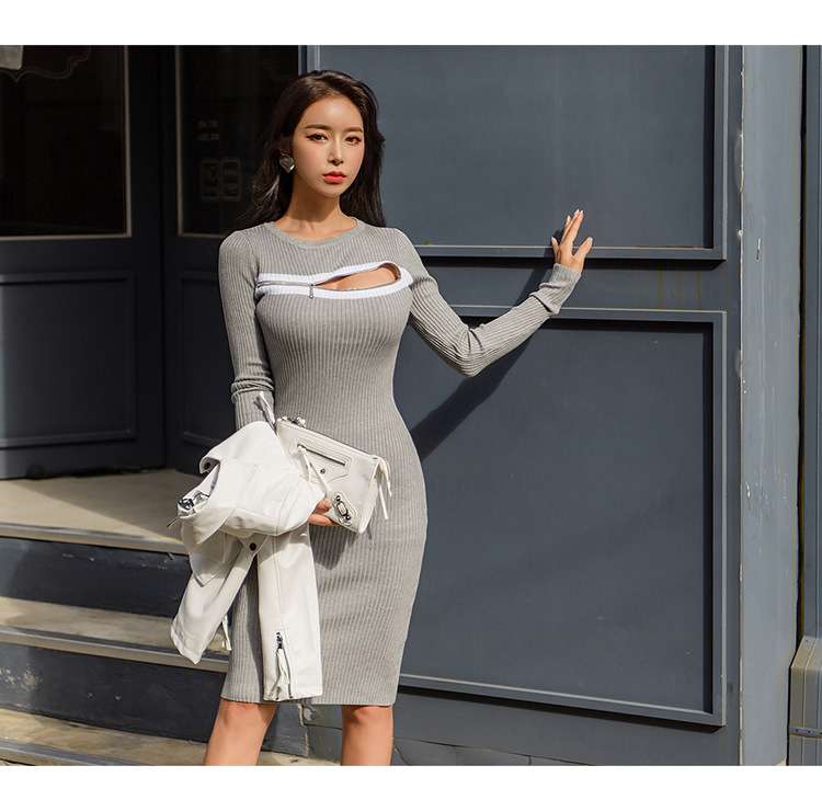 ミニワンピース 胸元セクシータイトワンピ Uネックデザイン
