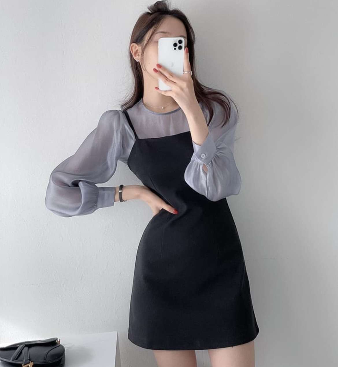 透け感シアーブラウス×レイヤードキャミワンピース セット