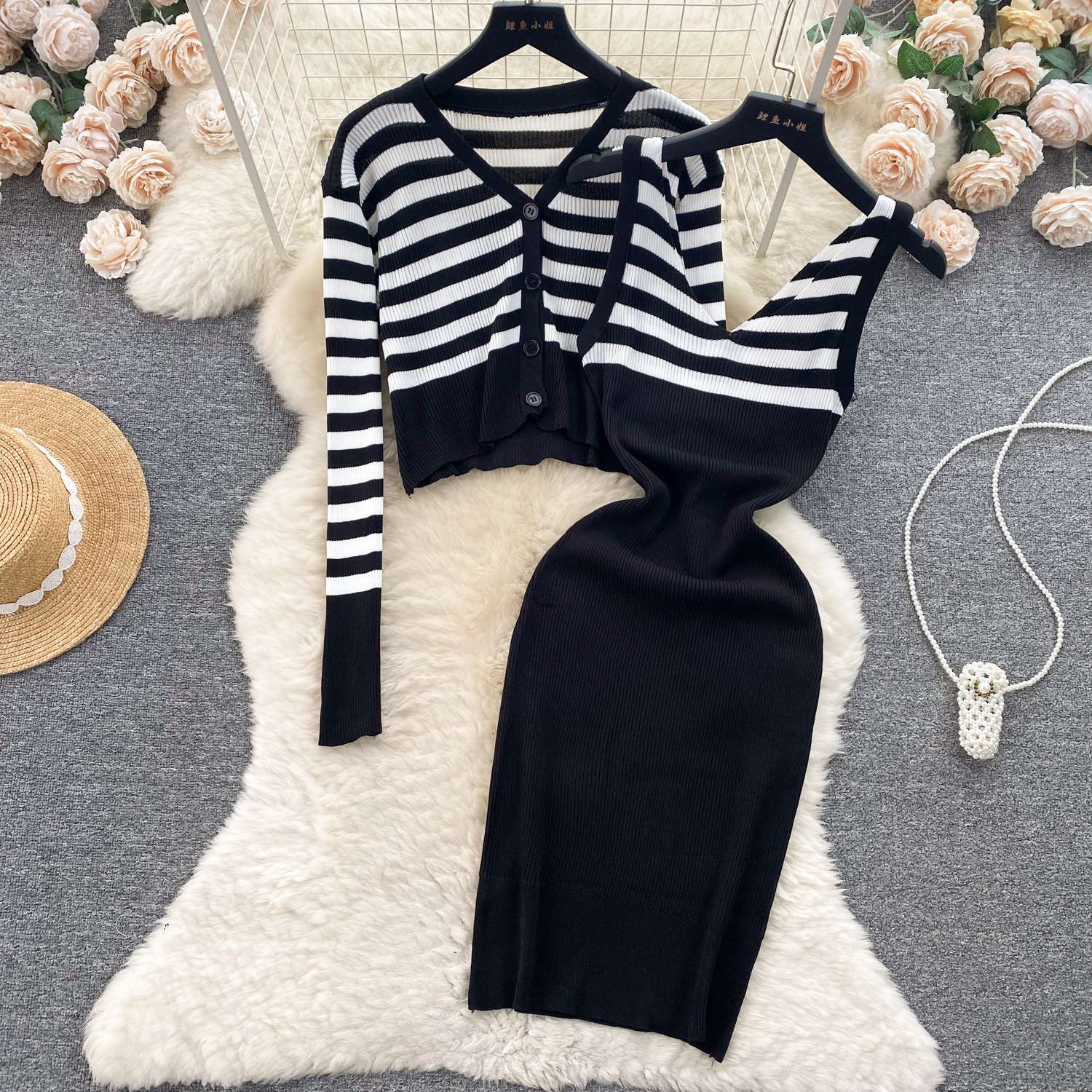 ボーダー柄カーディガン&タイトミニワンピースセット　リブ素材