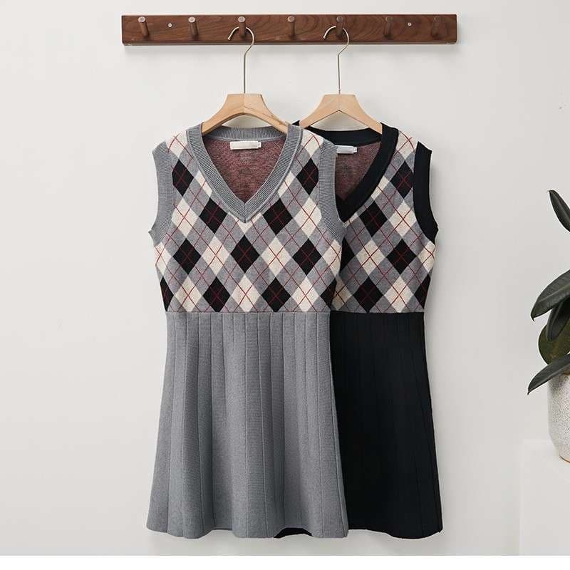 チェック柄ベスト付きシャツミニワンピース