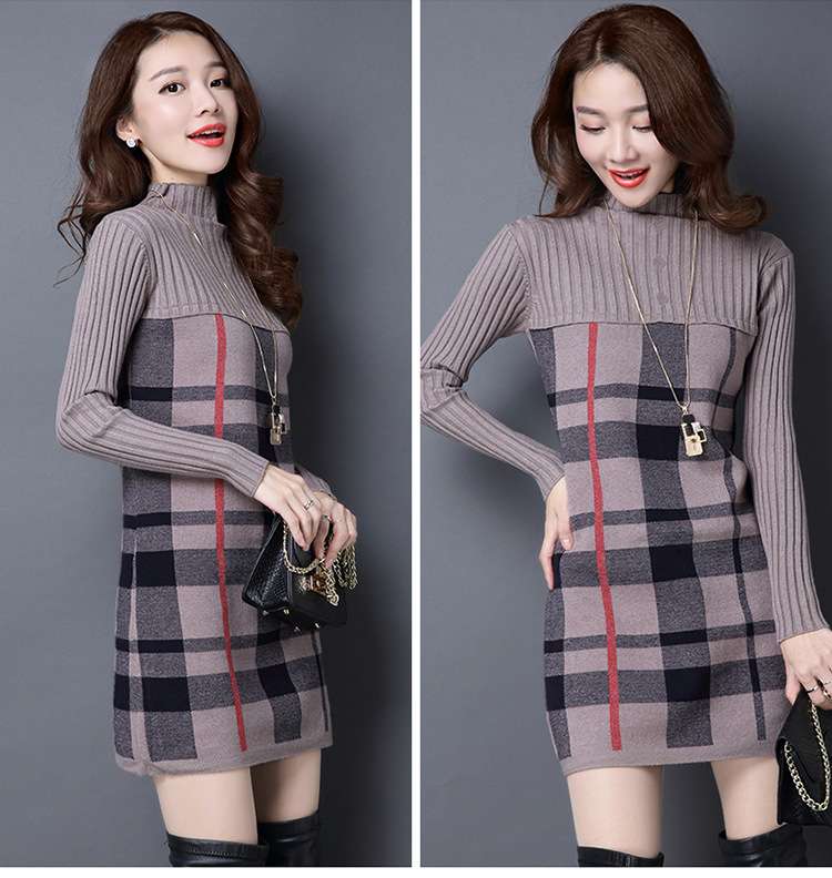 ミニワンピース チェック柄タートルネックワンピース