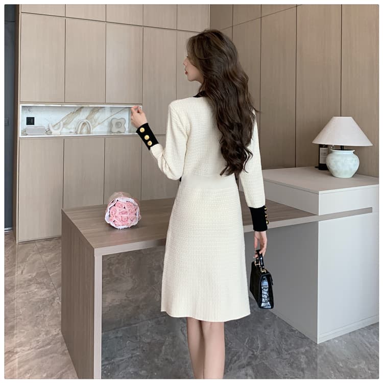 ミニワンピース バイカラーニットワンピース 膝上丈 春秋冬対応 女性用