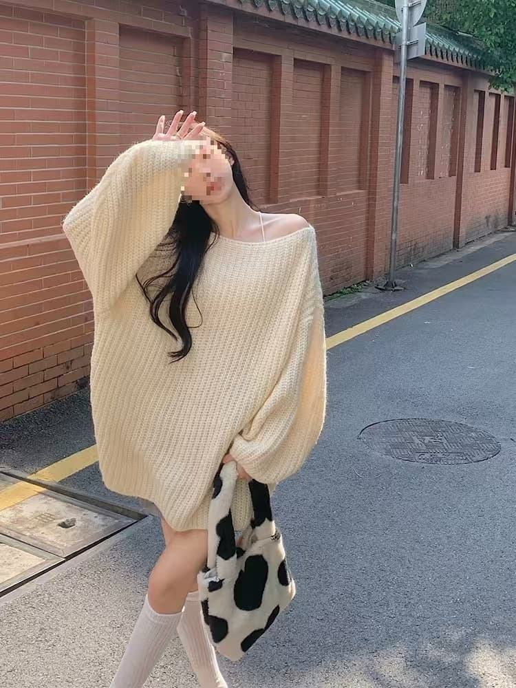 ゆるふわオフショルダー ニットミニワンピース
