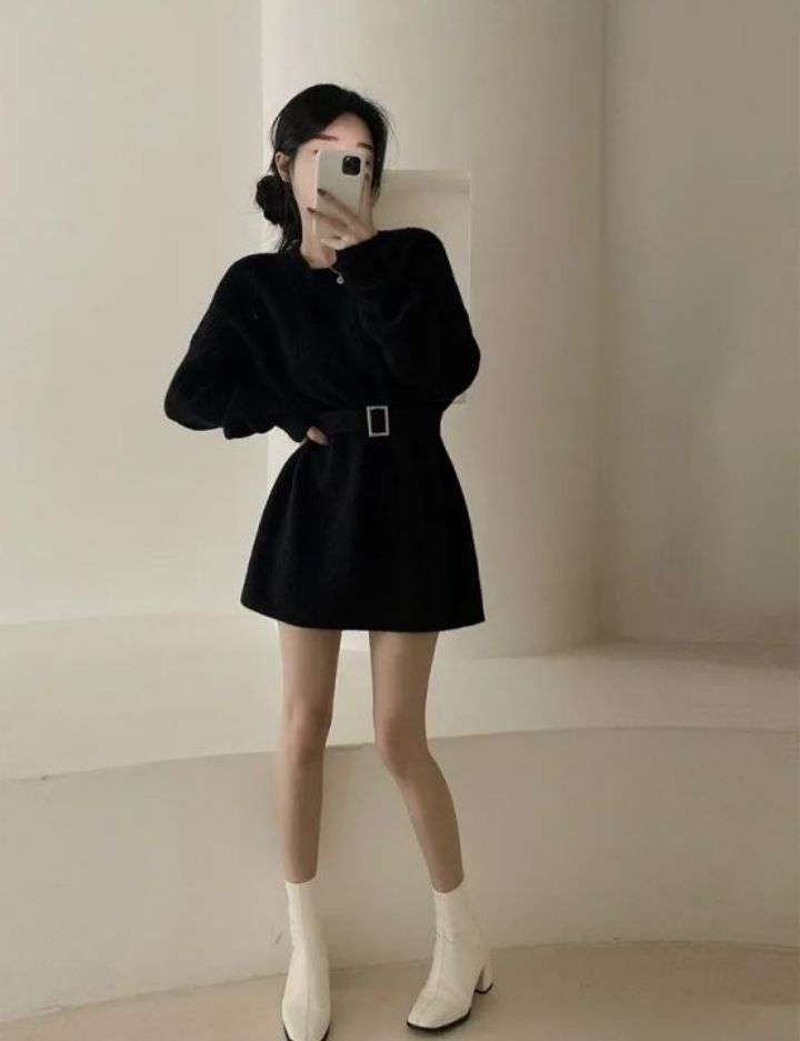 ベルト付き リブニットミニワンピース 秋冬