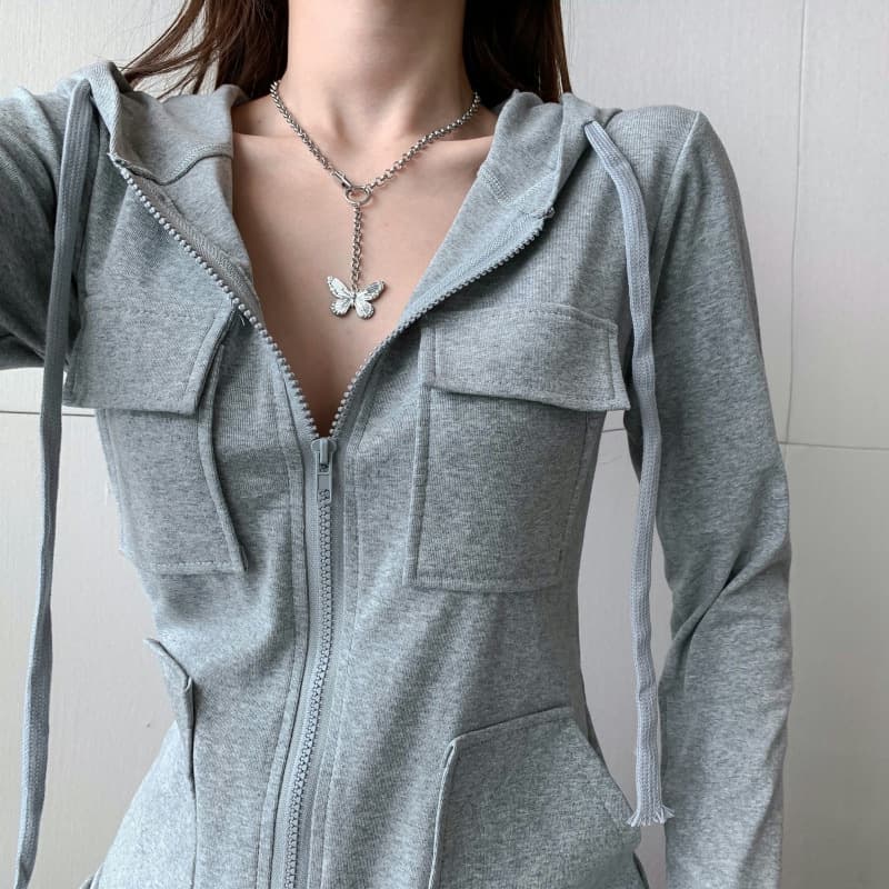 ミニワンピース スタイリッシュジップミニパーカーワンピース