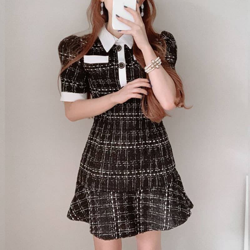 韓国風 モダンレトロ襟付きツイードミニワンピース 参戦服