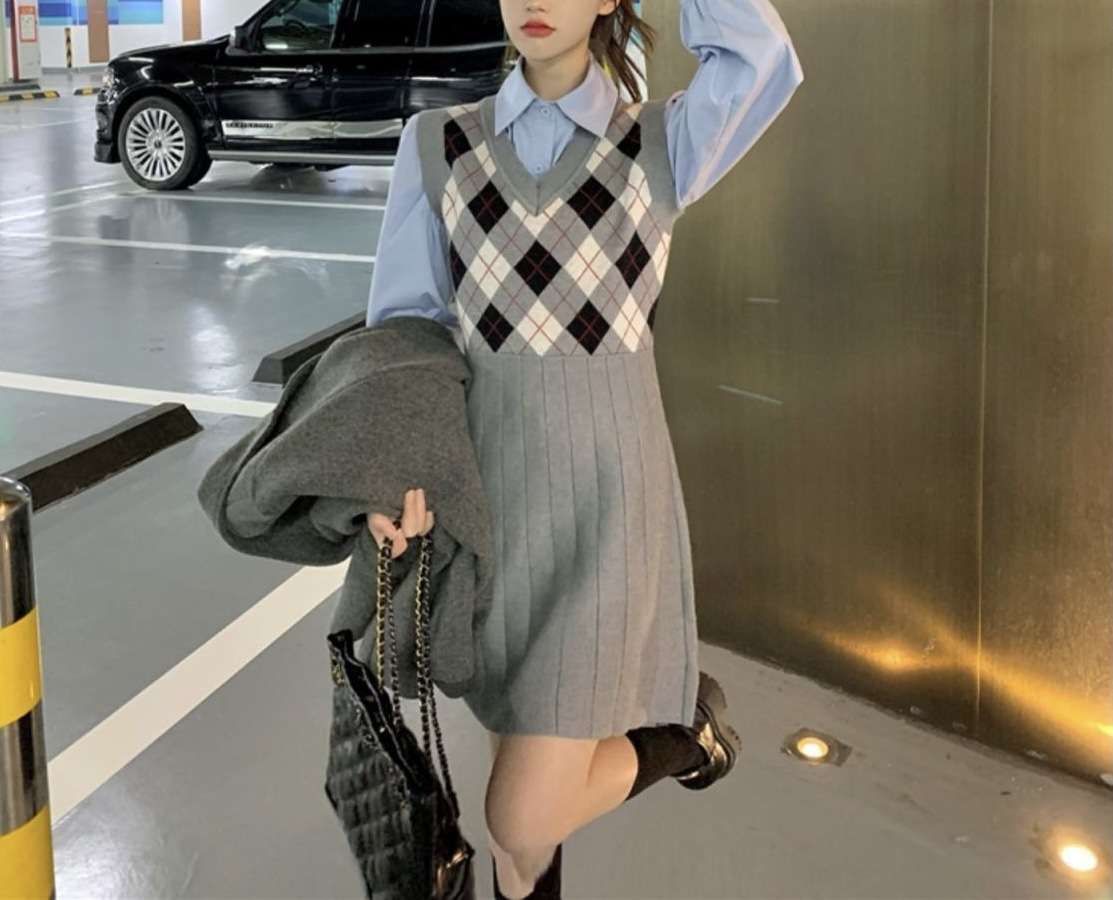 チェック柄ベスト付きシャツミニワンピース