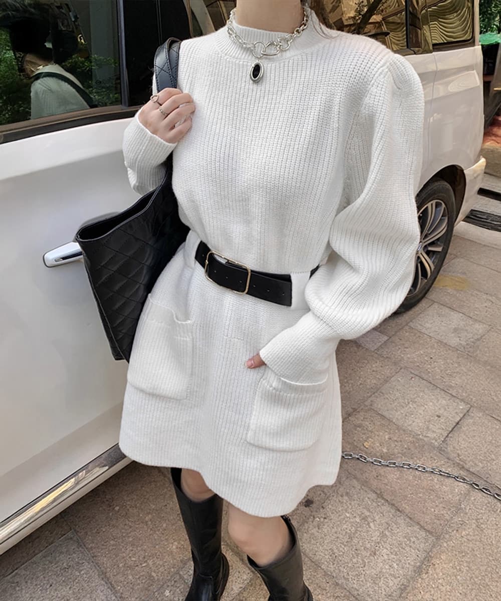 ベルト付きリブニットミニワンピース