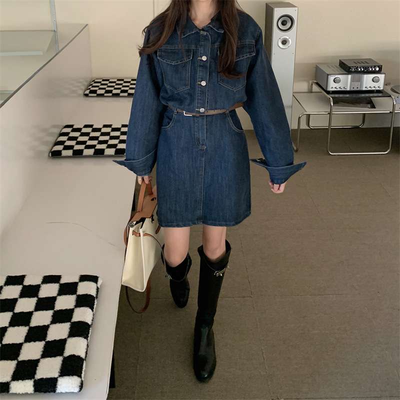 ベルト付きデニムミニワンピース