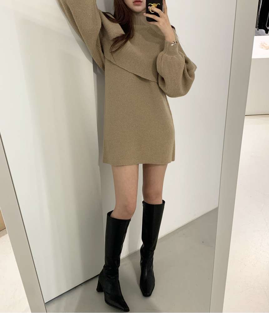 ふんわりパフスリーブ ニットミニワンピース