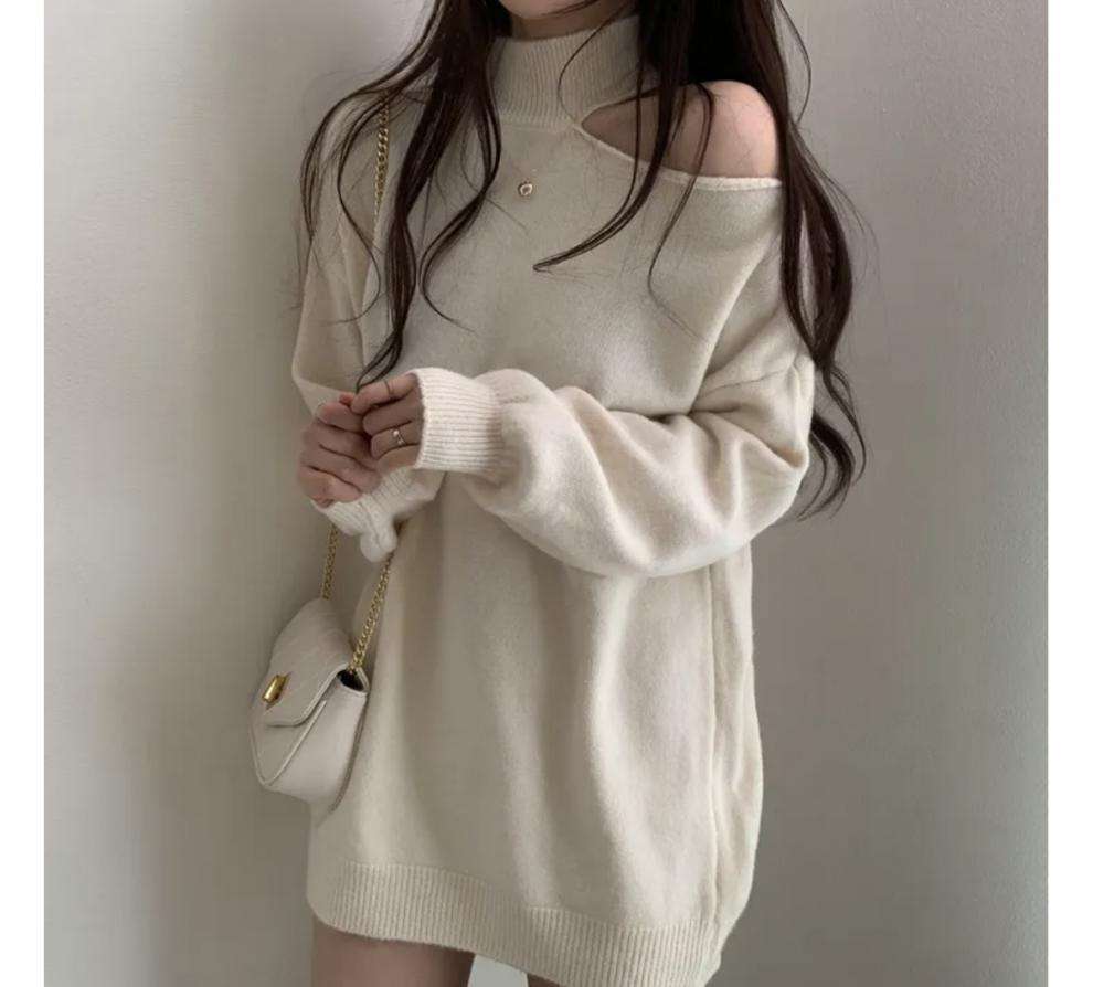 【秋冬】ミニワンピース オフショルダー風ニットワンピース