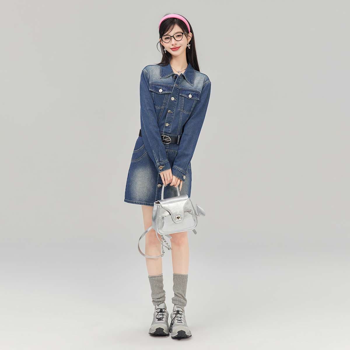 ミニワンピース レトロガーリーデニムワンピース