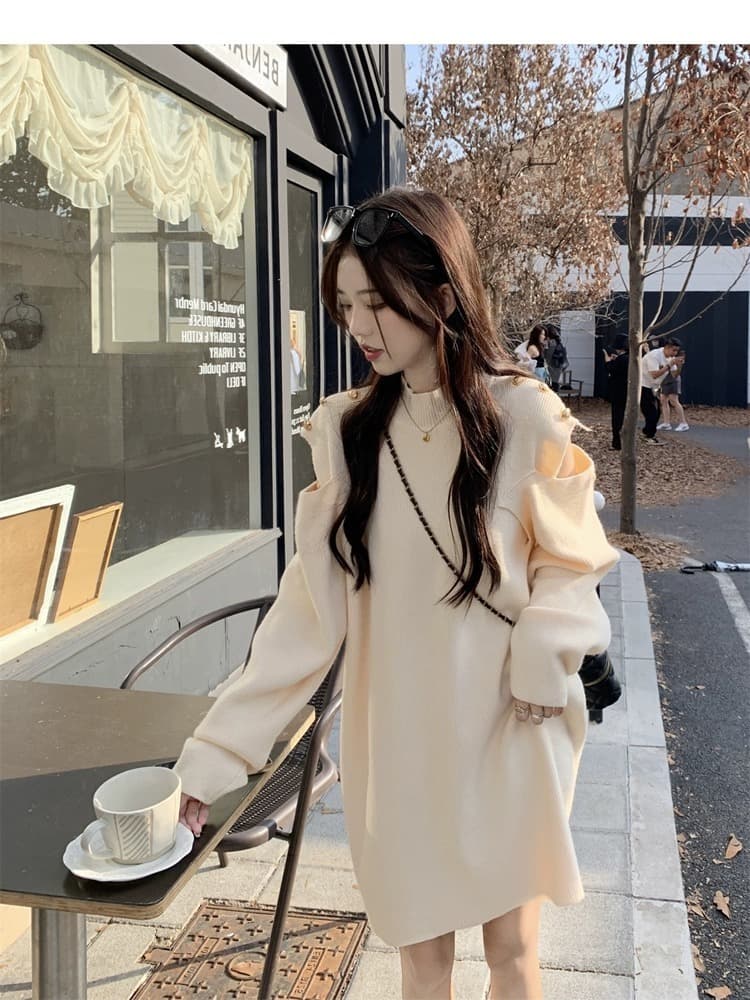 シースルーショルダーふんわりニットミニワンピース