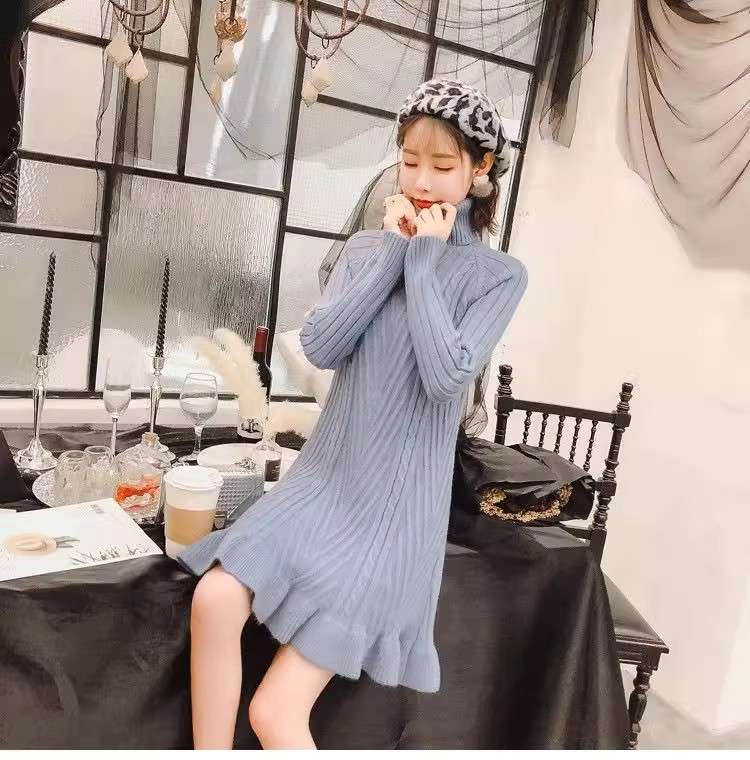 ミニワンピース タートルネックニットワンピース