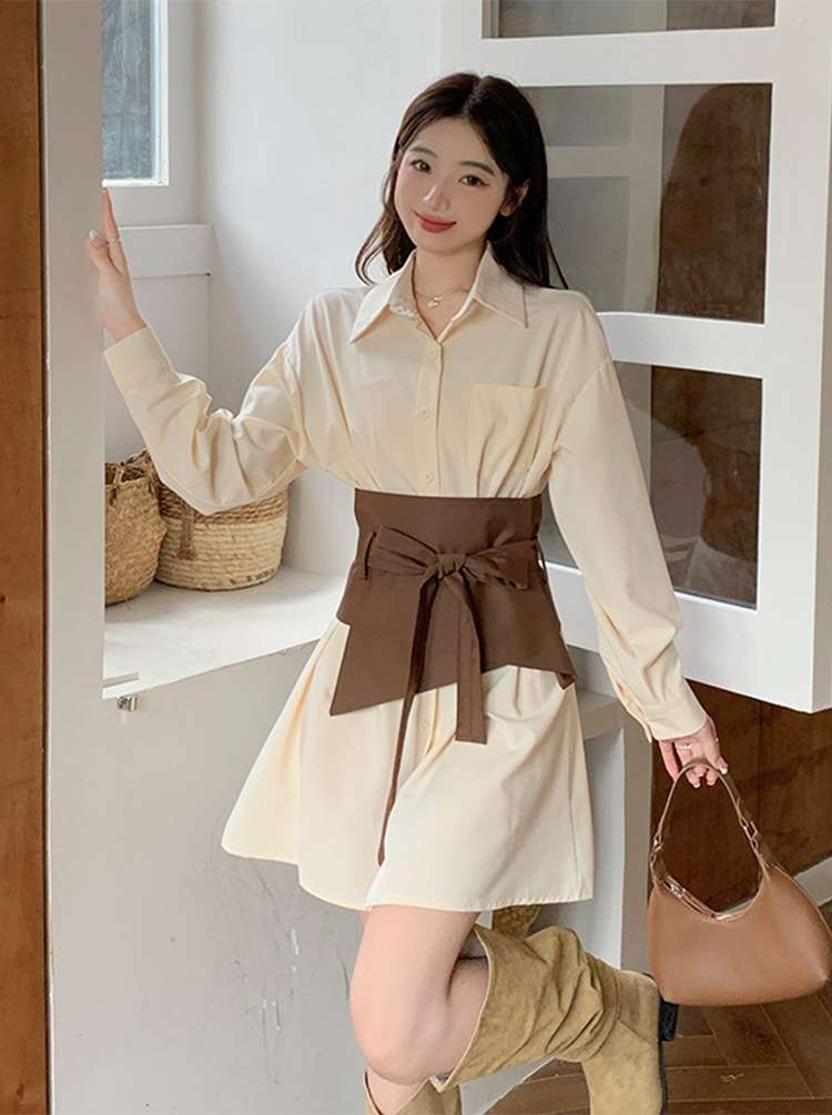 ミニワンピース レトロ風リボン付きシャツワンピース