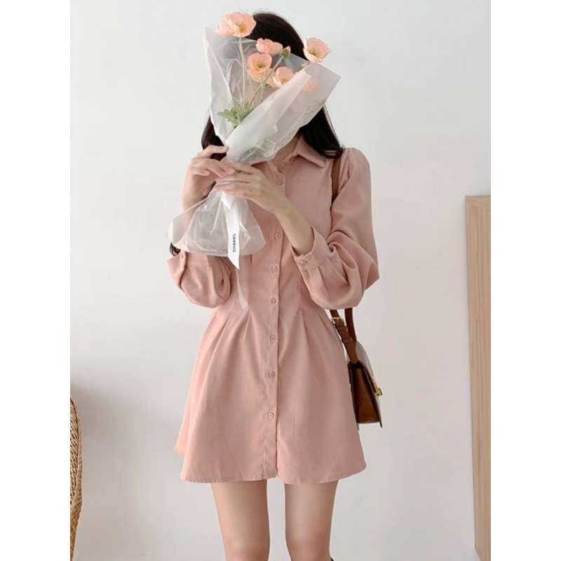 ミニワンピース ウエストタック長袖シャツワンピ