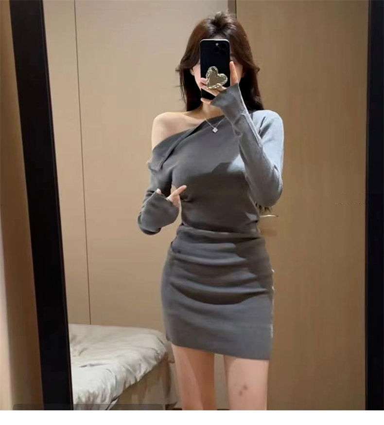 アシメントリーネック タイトミニワンピース