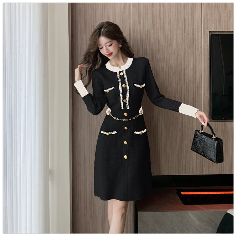 ミニワンピース バイカラーニットワンピース 膝上丈 春秋冬対応 女性用