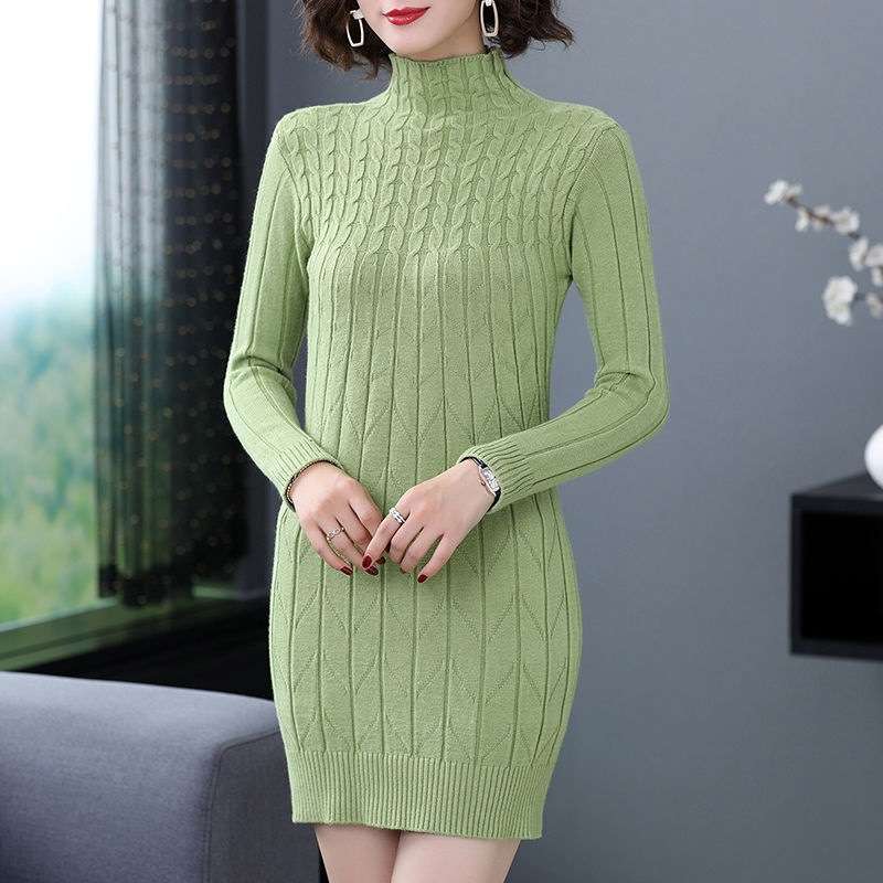 タートルネックリブ編みニットミニワンピース