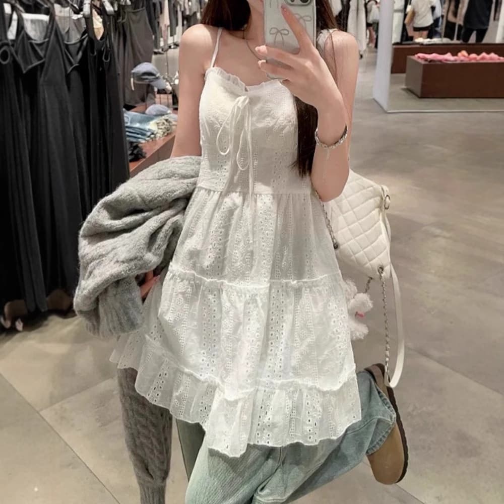 ミニワンピース 刺繍レース ティアード白キャミワンピース