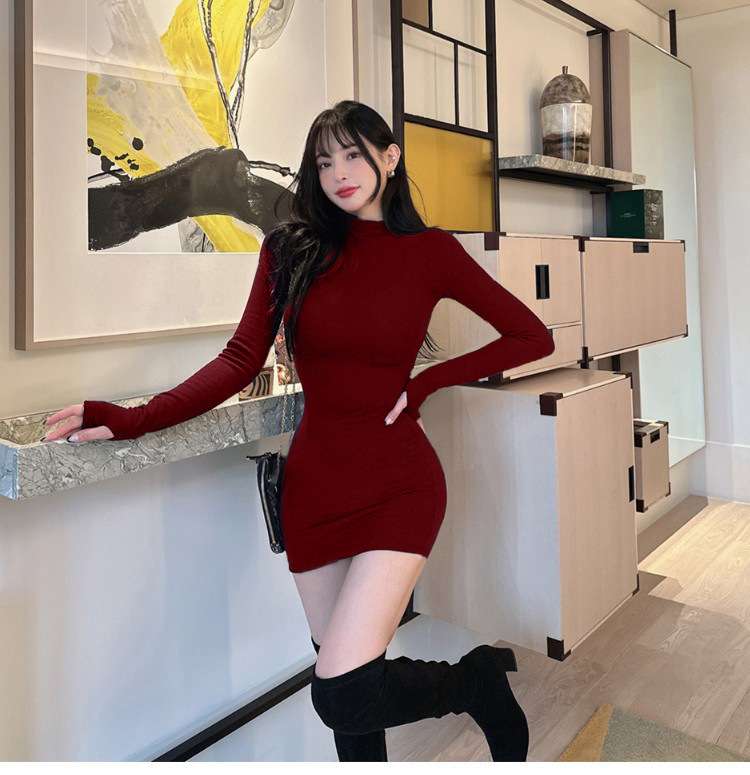ミニワンピース シンプル美シルエット ハイネックタイトワンピ