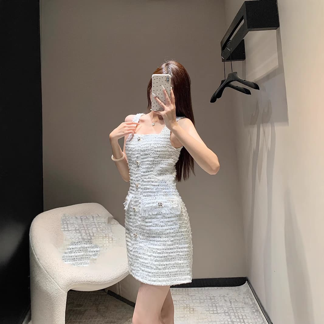 ミニワンピース 上品フリンジツイード 