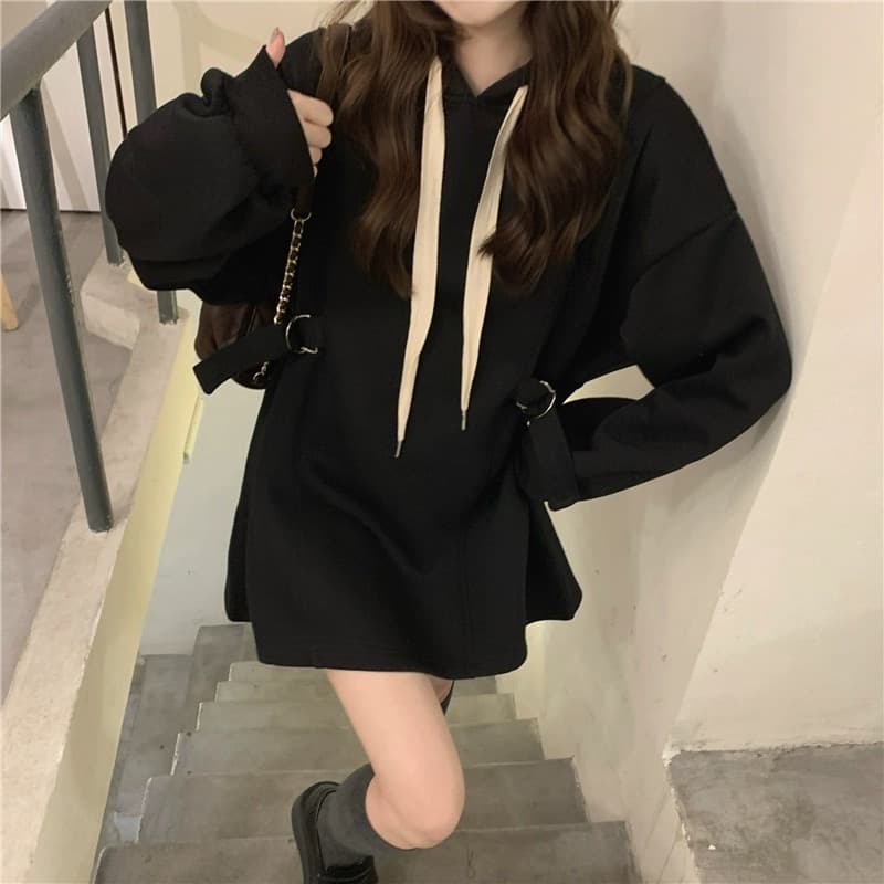 ミニワンピース 秋冬レトロ風ゆったり長袖パーカーワンピース