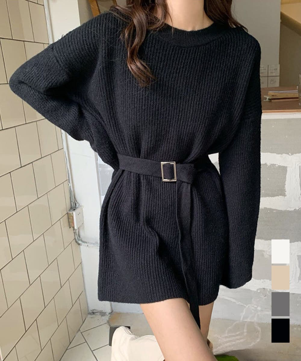 ミニワンピース ベルト付きリブニットワンピース長袖