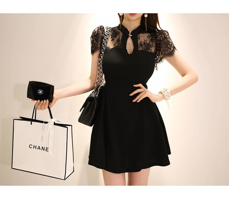 ミニワンピース チャイナ襟レースフリルミニワンピ