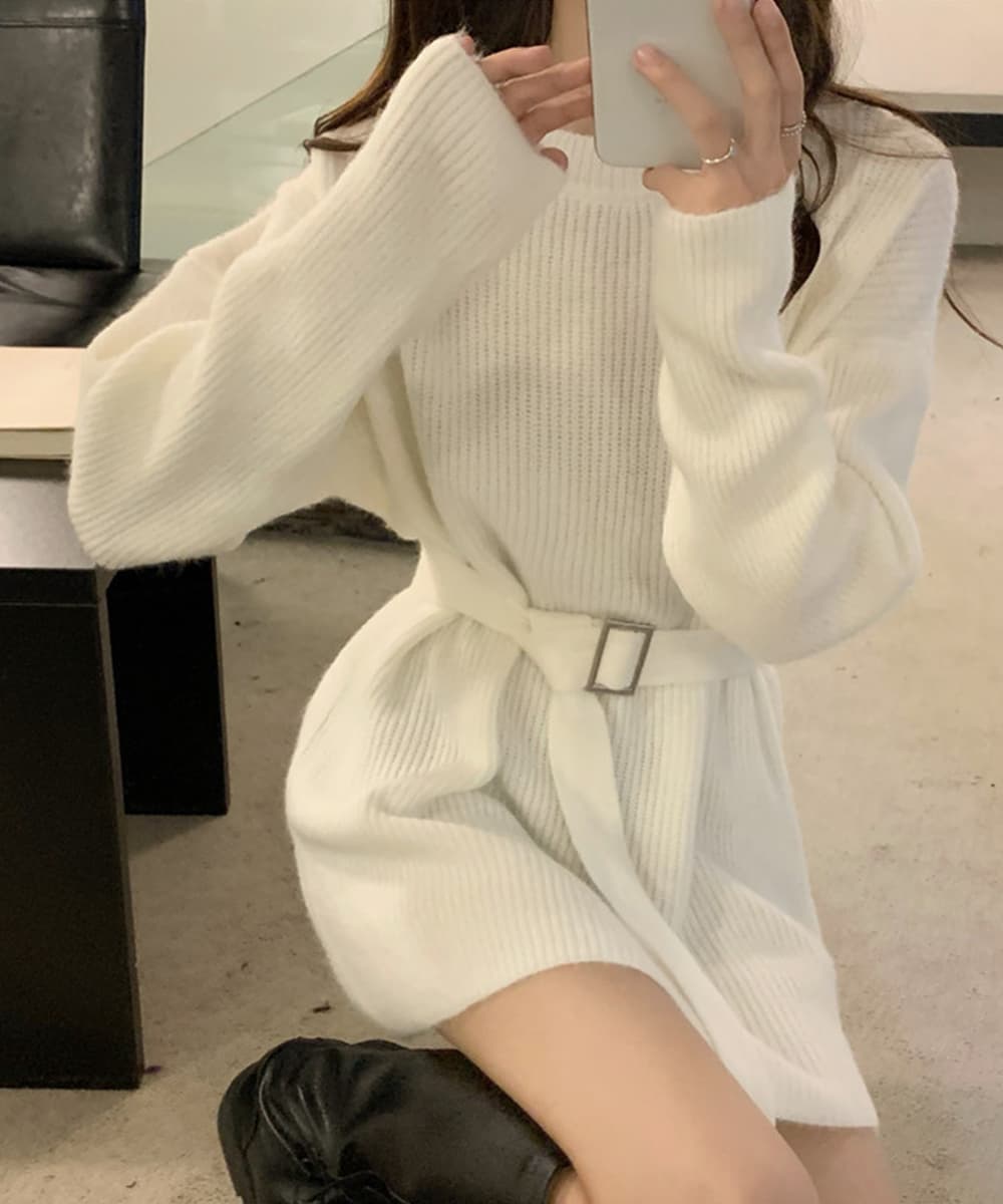 ミニワンピース ベルト付きリブニットワンピース長袖