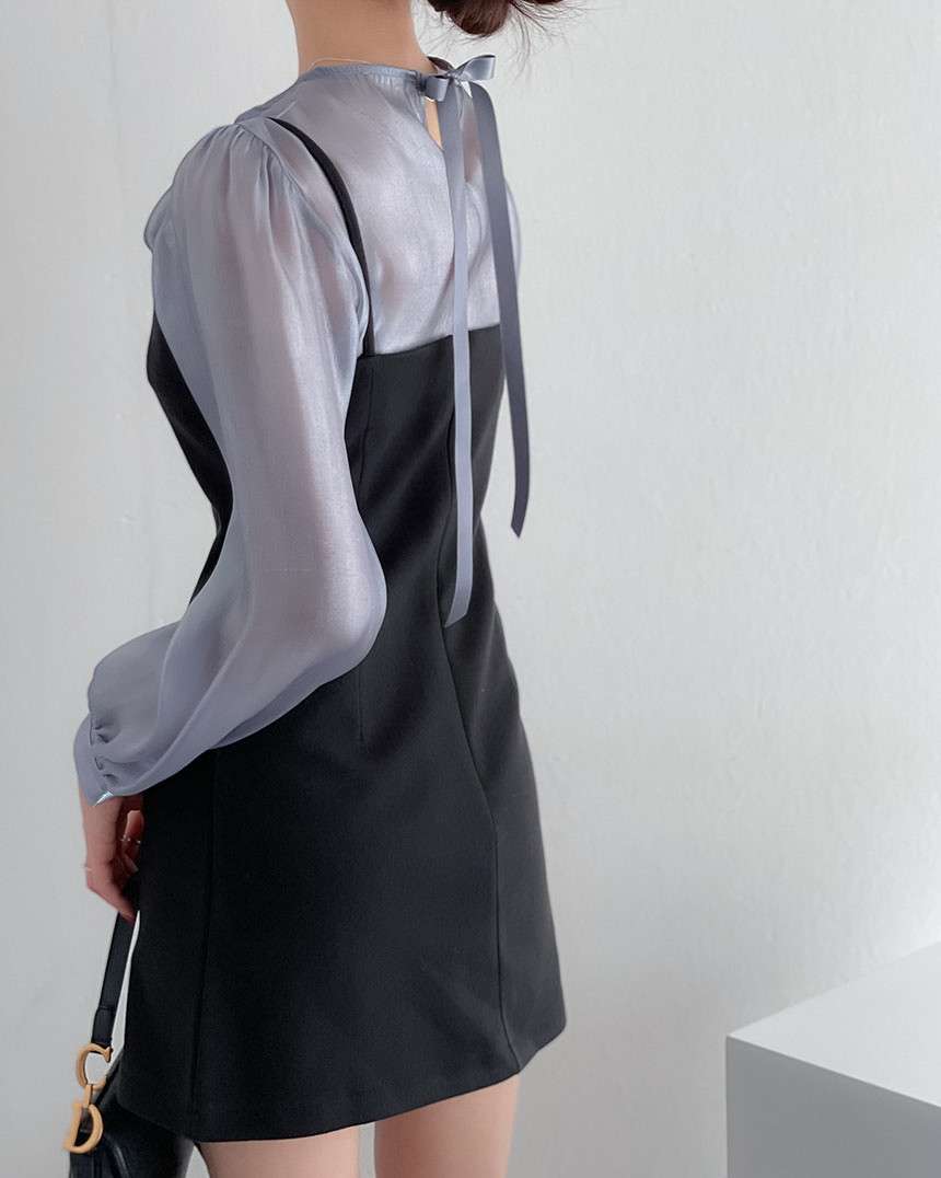 透け感シアーブラウス×レイヤードキャミワンピース セット