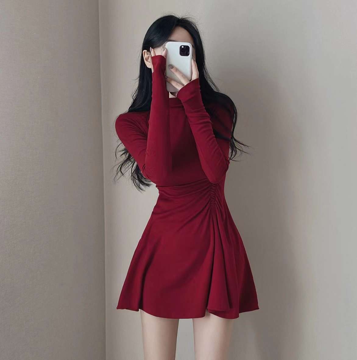 ミニワンピース シンプル無地 超ミニ丈 タイトニットワンピ 韓国風