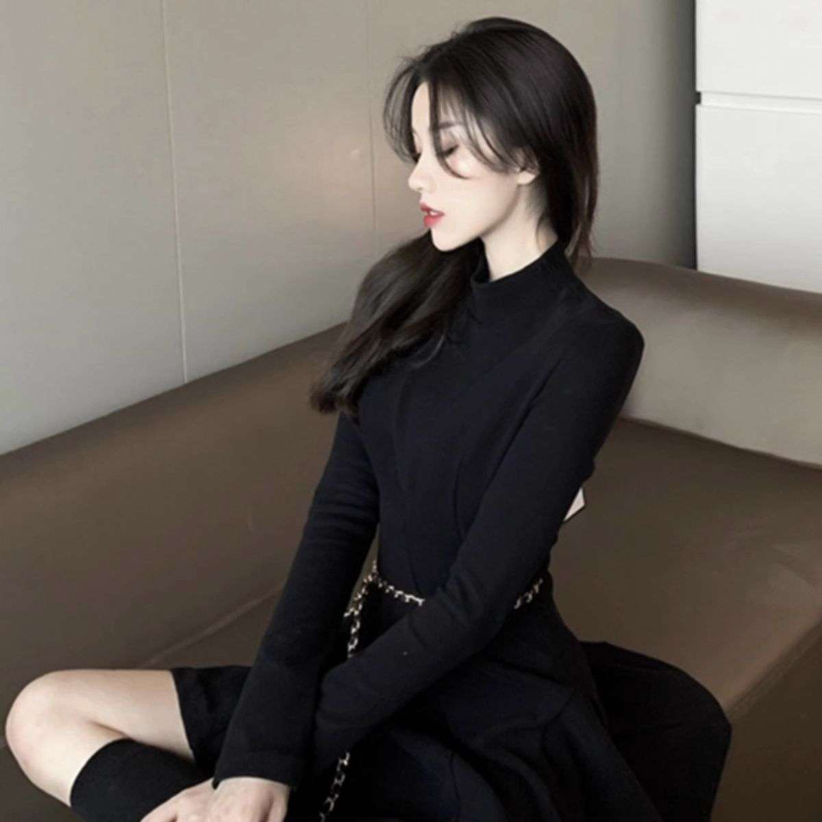 エレガントハイネックフレアワンピース