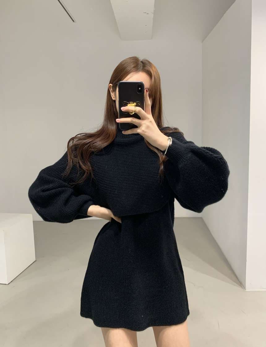 ふんわりパフスリーブ ニットミニワンピース