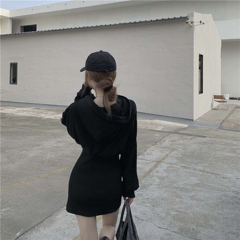 シンプルリブ切替パーカーミニワンピース