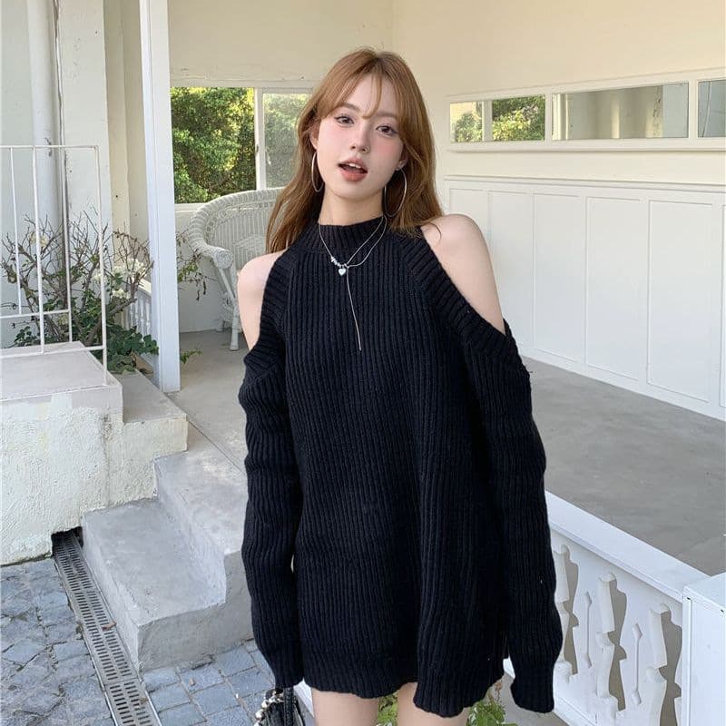 ミニワンピース 肩あき彫刻風ニットミニワンピ